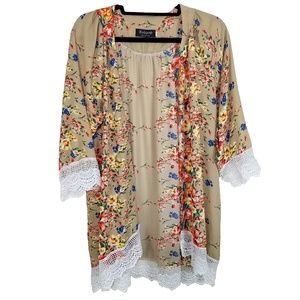 Relipop Tan Floral Kimono Shrug with Lace Trim